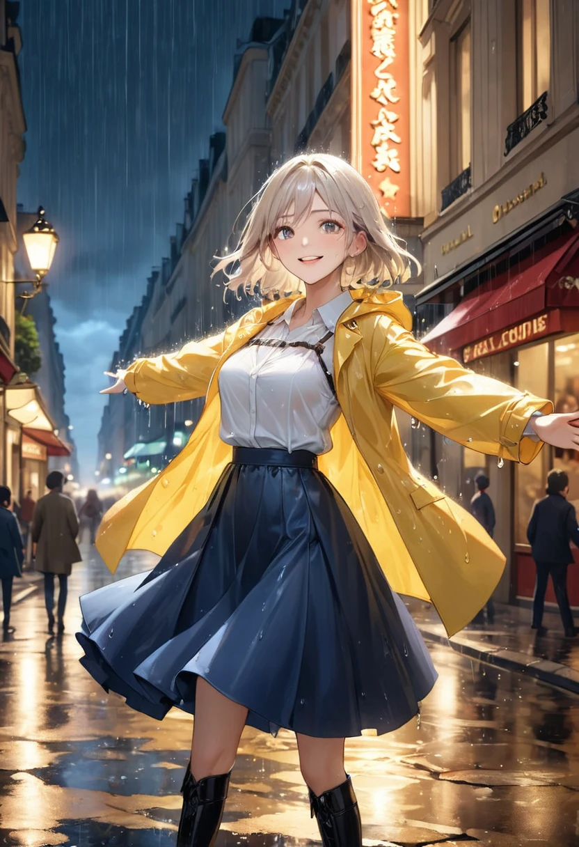 Highest quality, Super quality, 16K, Incredibly absurd, Very detailed, 2.5D, delicate and dynamic, movieのシーン, official, Poster Design, Paris street corner, Rainy night, Chic cityscape, Stone Building,  Champs-Élysées Boulevard, , wet road, puddle, puddleに町明かりが反射, puddleにビルが映る, , , Small face, Extremely delicate facial expression, Delicate eye depiction, Upper body close-up, erotic, sole sexy lady, healthy shaped body, 25 years old lady, Cool woman, 170cm tall, big firm bouncing busts, white shirt, yellow long rain coat, , long skirt, garter belt, long boots, smile, Fun, Wet with rain, With arms outstretched, Dancing in the rain, Opera, movie, dancing in the rain