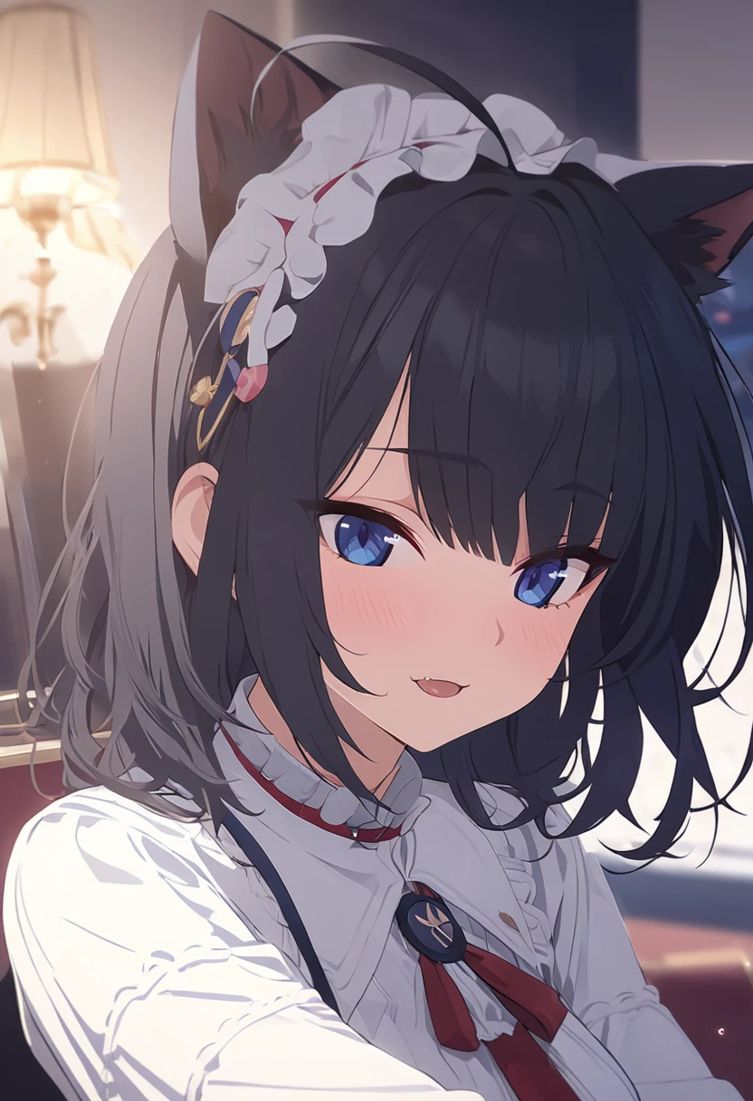 detailed background, masterpiece, best quality, cat tatsuna, Dark blue eyes, black hair, ahoge, bangs, big ,