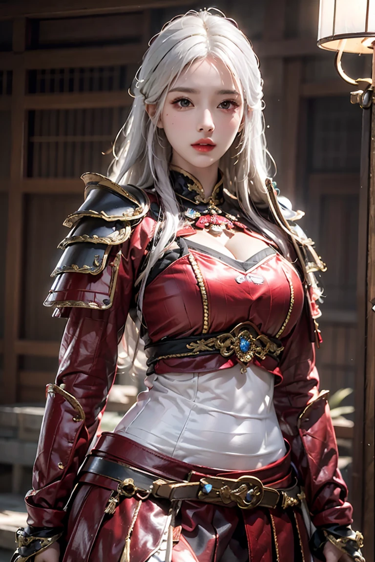 female,masterpiece, realistic, best quality, ultra detailed, hips up, long hair, white hair, red lips, jewelery, samurai armor, shogun armor