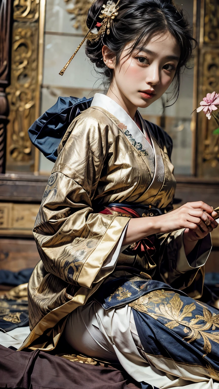 Geisha in Neo-Classical style, with gold and indigo idealized beauty -