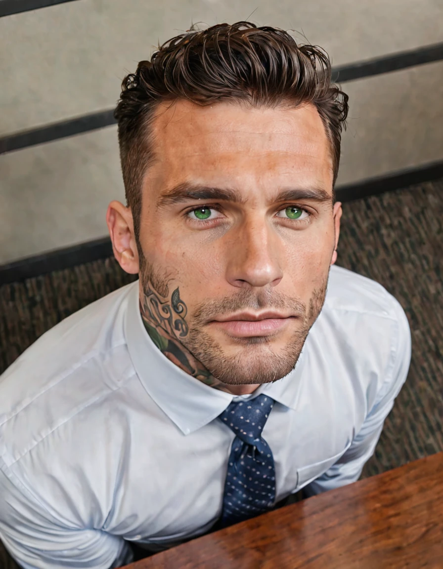 score_9, score_8_above, score_7_above, realistic image ,Handsome man , Office Mafia man with strong features, and cute 27 year olds with dark hair, Marked body, high, green eyes, white skin and heavily tattooed