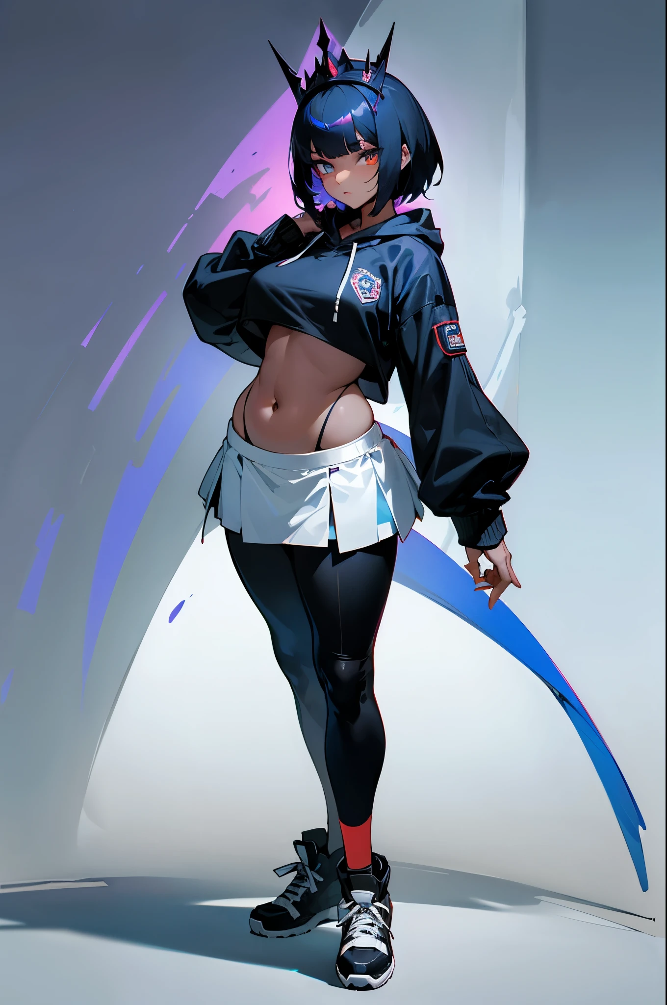 (tmasterpiece, Best quality at best:1.2), Complicated details, Karma \(league of legend\), 1 plump girl, a skirt, jewely, Dark-skinned women, cosmetics, Short hair details, Split sleeves, tiara crown, mediuml breasts, lookingat_Shown in_Peek at viewers, short_the hair, mitts, navel, fail, blue_There are eyes, Eternal, full_body, arma, footwear, collars, Black_mitts, septum, hooded, the hair_exceed_Yoon_There are eyes, cropper_top, hoody, Black_trouser, athletic sneakers, cropped_jaket, cyber punk personage, cropped_hoody