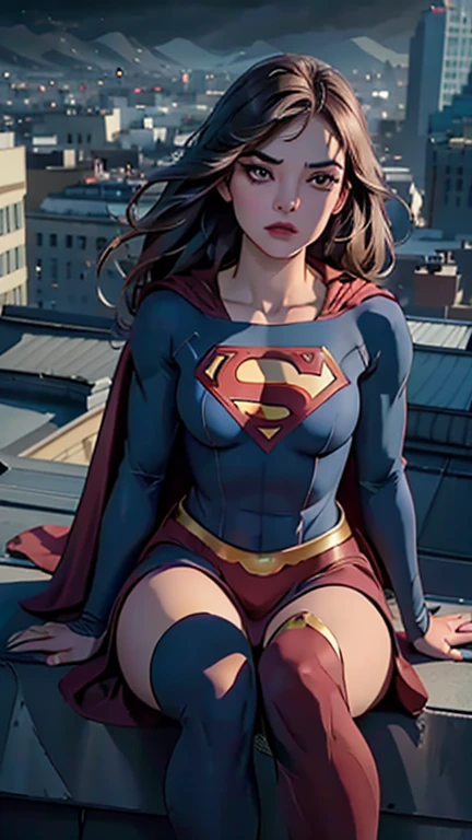 a supergirl sitting on a rooftop building, lost in deep thought, looking at the city, beautiful detailed eyes, beautiful detailed lips, extremely detailed face, long eyelashes, beautiful detailed costume, dynamic pose, cinematic lighting, epic cityscape, moody atmosphere, dramatic shadows, vibrant colors, photorealistic, 8k, best quality, hyper detailed, masterpiece