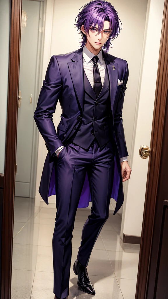 25-year-old purple-skinned man dressed in a handsome Italian tailored suit with black eyes and hair