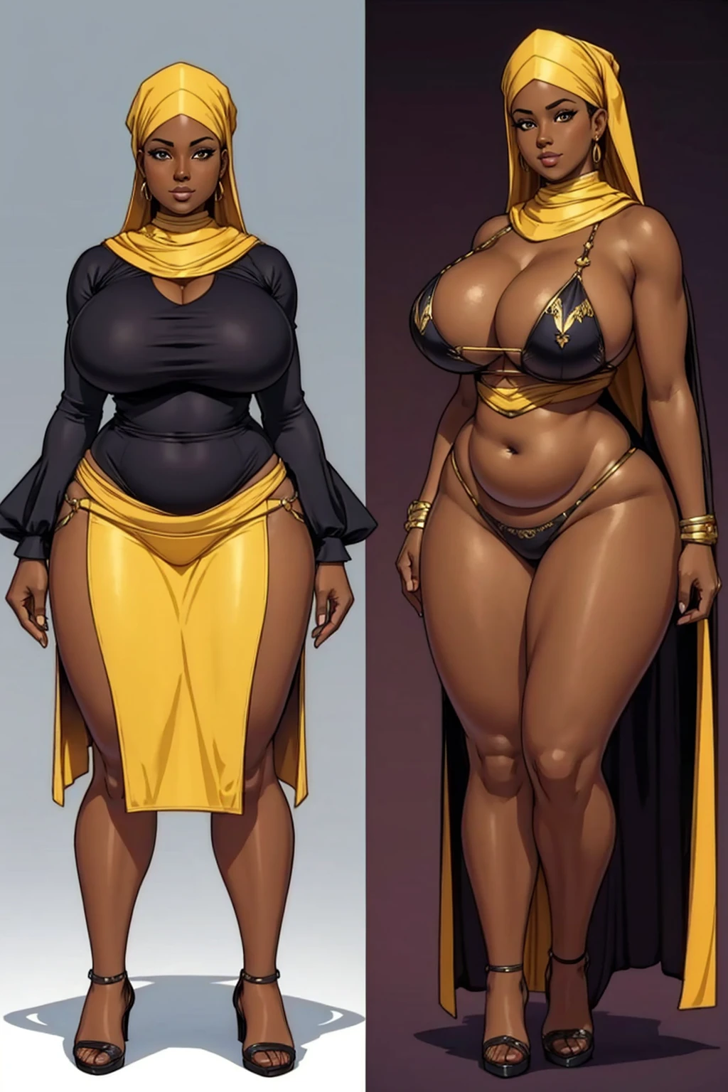 digital art, highly detailed, reference sheet in multiple angles, standing pose, feminine features, dark skin, overweight, curvy, corpulent, portly, mature woman, adult female, whole body, bald, form-fitting, sexy bikini, 1woman, solo, upper body, lower body, ((Extremely Detailed)), ((Best Quality)), ((Masterpiece)), ((4k)).
