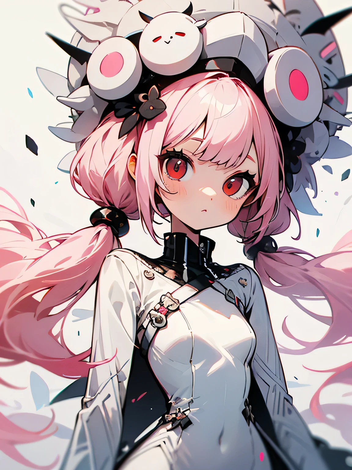 chibi,solo,light white-pink hair color, Low long twintails hairstyle, red eyes,(white one-piece dress),