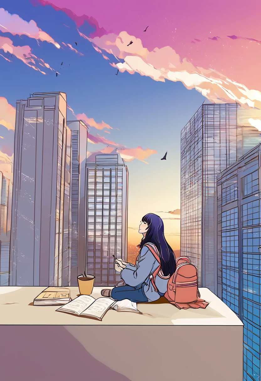 a woman was sitting writing on top of a building, with a beautiful twilight sky., manga style