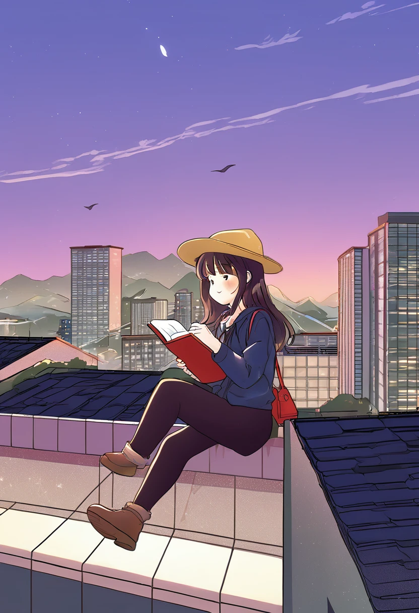 a woman was sitting writing on top of a building, with a beautiful twilight sky., manga style