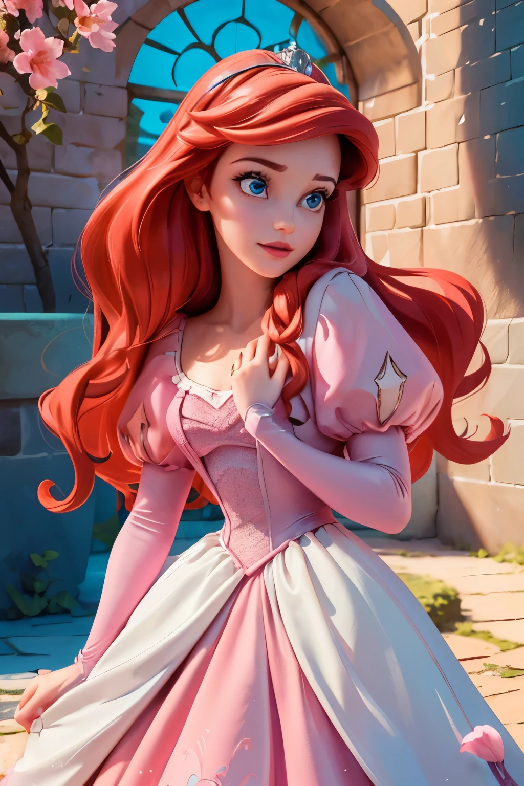 (ArielWaifu), pink dress, tiara, castle, courtyard, nature, flowers, pink flowers, (realistic:1.2), (masterpiece:1.2), (full-body-shot:1),(Cowboy-shot:1.2), warm lighting, (highly detailed:1.2),(detailed face:1.2), (gradients), colorful, detailed eyes, (natural lighting:1.2), solo, sfw,  