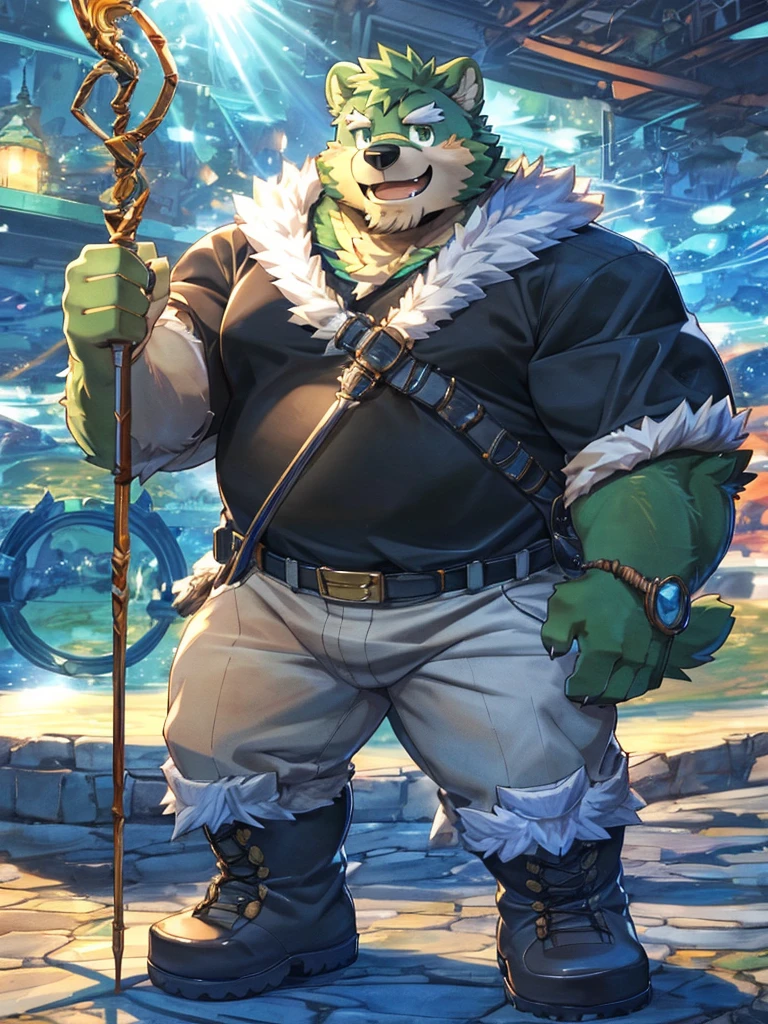 anthro, kemono, male, solo, ((round face, very plump face, thick beard)), (((dark beard))), ((endomorph body type, old-aged)), ((green bear, bear) fluffy fur, fluffy), (high quality, highres, masterpiece), (dynamic lighting, vivid color), (generous smile), (face focus), front view (close up), cartoon, (((green bear))), (((green fur))), green hair, beard, white eyebrows, bald, red eyes, tall, (((hold metal staff, black t-shirt inside, white long coat unhood, gray trousers, boots))) by zixiong, by takemoto arashi, by zixiong, (by null-ghost:0.8), (by t.y.stars:0.4),