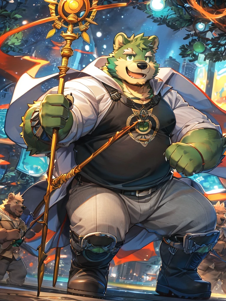 anthro, kemono, male, solo, ((round face, very plump face, thick beard)), (((dark beard))), ((endomorph body type, old-aged)), ((green bear, bear) fluffy fur, fluffy), (high quality, highres, masterpiece), (dynamic lighting, vivid color), (generous smile), (face focus), front view (close up), cartoon, (((green bear))), (((green fur))), green hair, beard, white eyebrows, bald, red eyes, tall, (((hold metal staff, black t-shirt inside, white long coat unhood, gray trousers, boots))) by zixiong, by takemoto arashi, by zixiong, (by null-ghost:0.8), (by t.y.stars:0.4), 