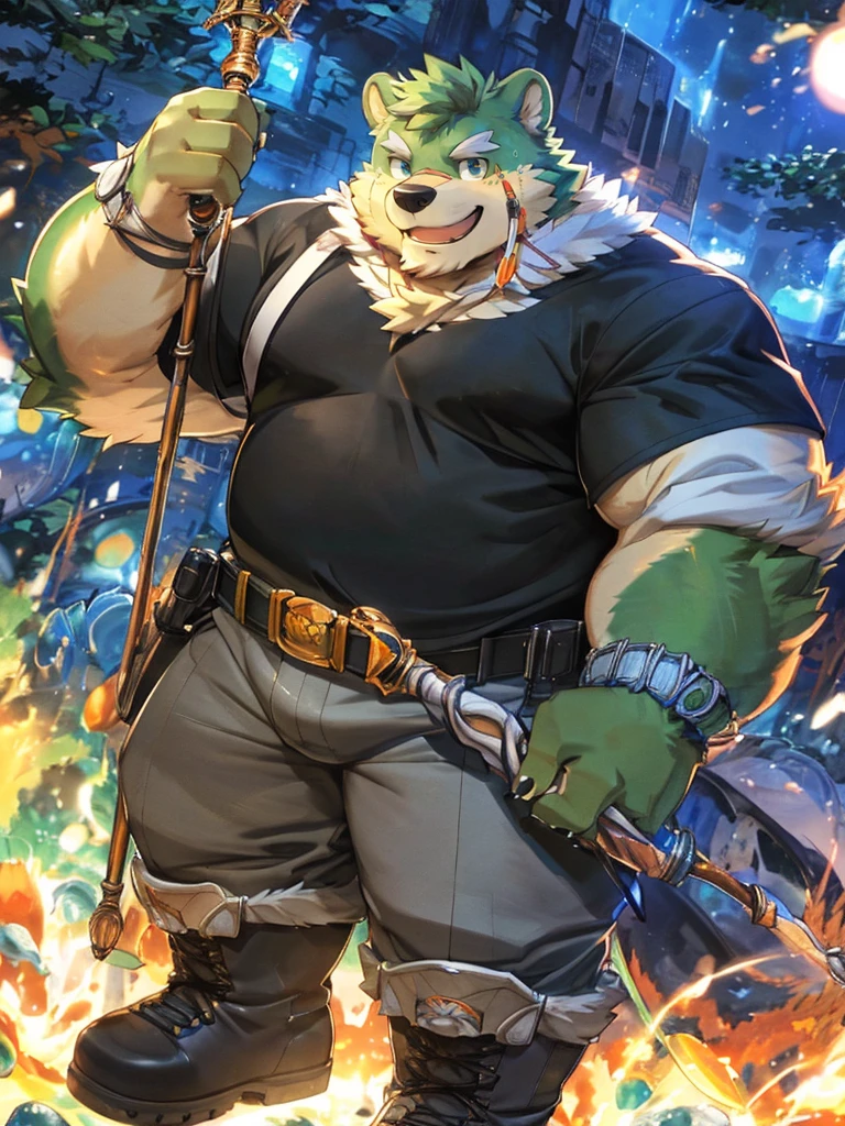 anthro, kemono, male, solo, ((round face, very plump face, thick beard)), (((dark beard))), ((endomorph body type, old-aged)), ((green bear, bear) fluffy fur, fluffy), (high quality, highres, masterpiece), (dynamic lighting, vivid color), (generous smile), (face focus), front view (close up), cartoon, (((green bear))), (((green fur))), green hair, beard, white eyebrows, bald, red eyes, tall, (((hold metal staff, black t-shirt inside, white long coat unhood, gray trousers, boots))) by zixiong, by takemoto arashi, by zixiong, (by null-ghost:0.8), (by t.y.stars:0.4), 