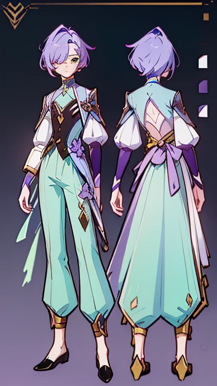 (Masterpiece, best quality), detailed, 1 woman, ((character concept art)), ((character design sheet, same character, front, side, back)), full body, body complete, 1 female, 1 women. Detailed face, character design sheet full body, Highly detailed, character sheet, character design, Many parts, pale skin, green eyes, short purple hair, male hairstyle, short male hair, lavender flower, lavender flower reference, lavender flower character reference, lavender flower inspired, male clothes, male clothing, flat chest, Solarpunk, Solarpunk reference, Solarpunk inspired outfit, pants, white, gold, pastel purple, dark green outfit color palette.