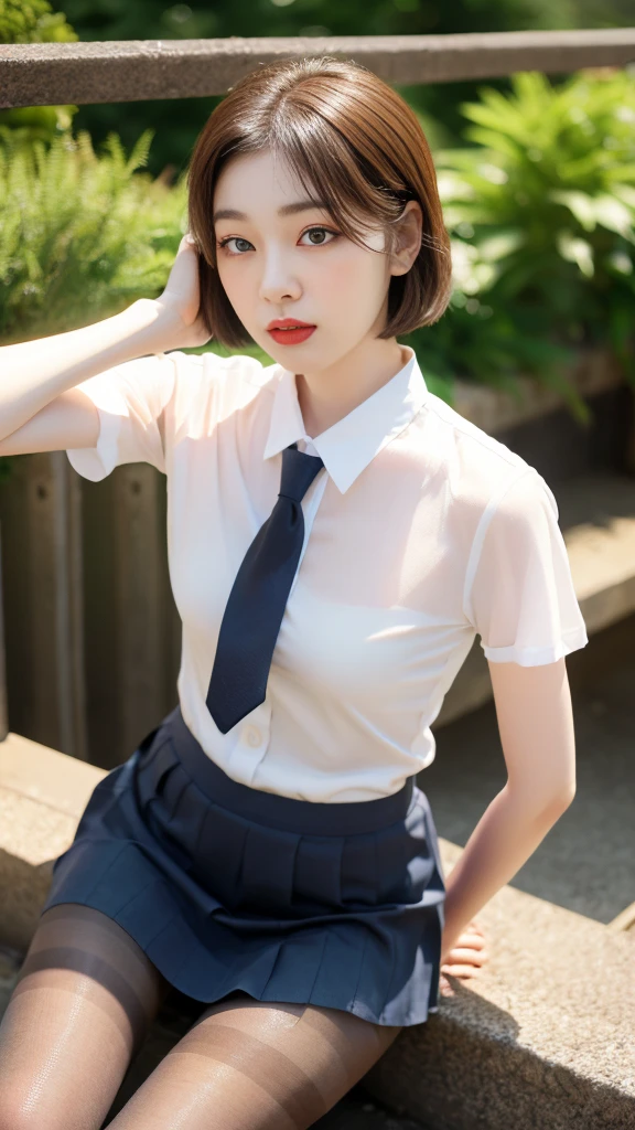 Korean 、summer shirt、Tight shirt、Ribbon Ties、skirt by the、schools、stairs at school、chest lifting pose、Emphasis on the chest、Slender and large、8K raw photos、A high resolution、18-year-old Korean、embarrassing looking、very large round breasts、Beautiful eyes finely detailed、long eyelasher、beautiful double eyelid、eye shadows、eyeline、slender eyes、Elongated eye shape、Sanpaku eyes、beautiful and thin legs、Beautiful slender thighs、Random Shorthair、Tie your hair behind your head、耳Nipple Ring、Light brown hair、(Wear pantyhose)、Hold your knees, fishnet stocking