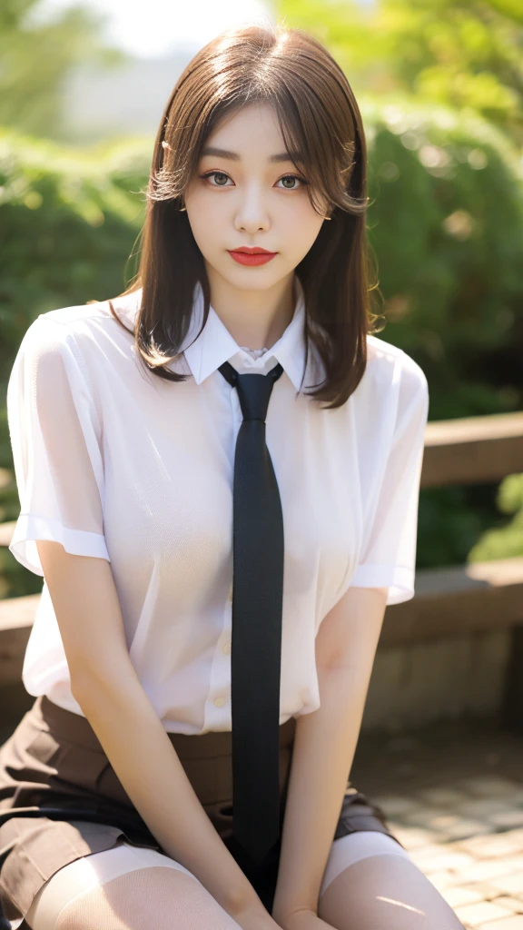 Korean 、summer  shirt、Tight shirt、Ribbon Ties、skirt by the、schools、stairs at school、chest lifting pose、Emphasis on the chest、Slender and large、8K raw photos、A high resolution、18-year-old Korean、embarrassing looking、very large round breasts、Beautiful eyes finely detailed、long eyelasher、beautiful double eyelid、eye shadows、eyeline、slender eyes、Elongated eye shape、Sanpaku eyes、beautiful and thin legs、Beautiful slender thighs、Random Shorthair、Tie your hair behind your head、耳Nipple Ring、Light brown hair、(Wear pantyhose)、Hold your knees, fishnet stocking 