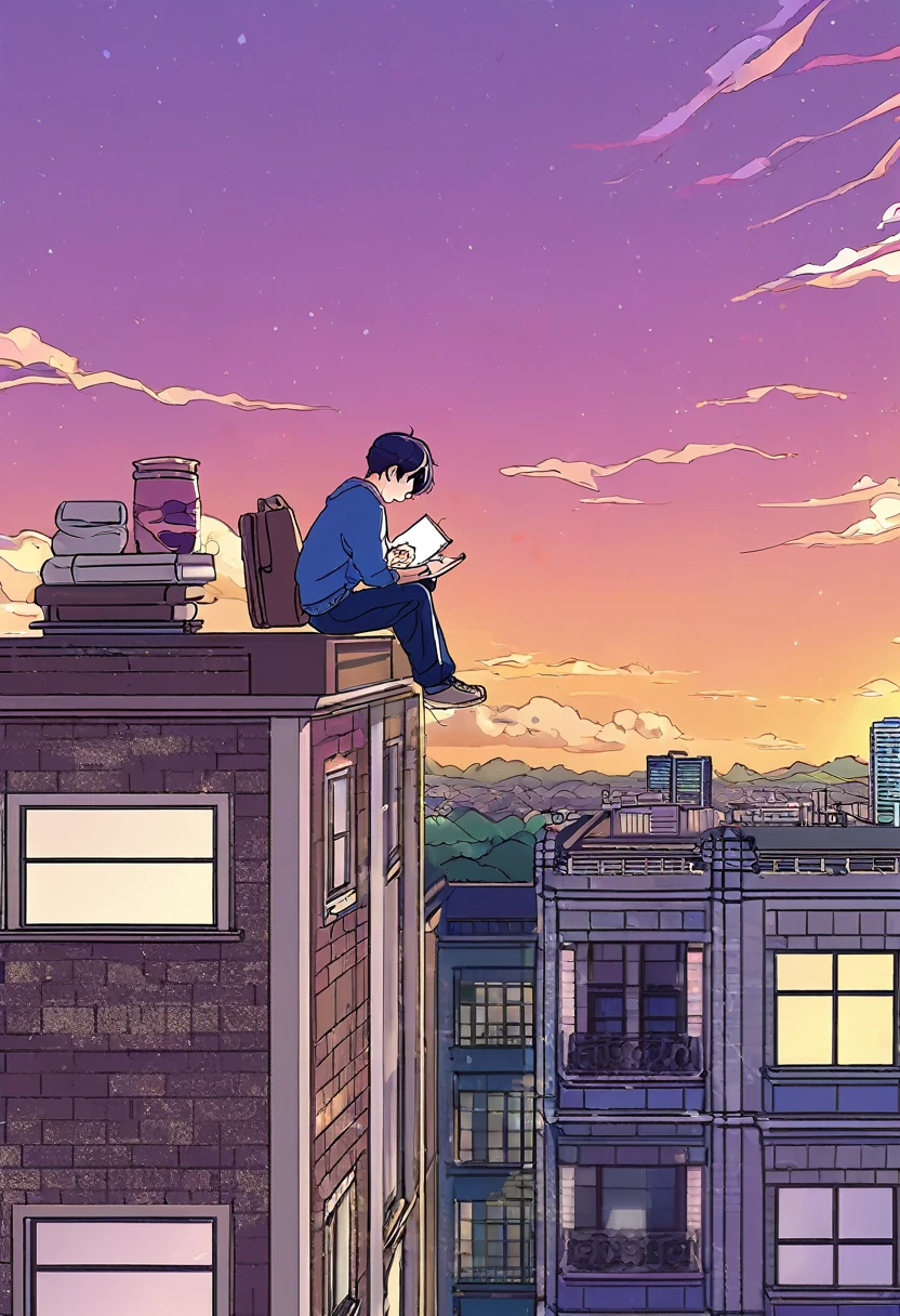 a man was sitting writing on top of a building, with a beautiful twilight sky., manga style