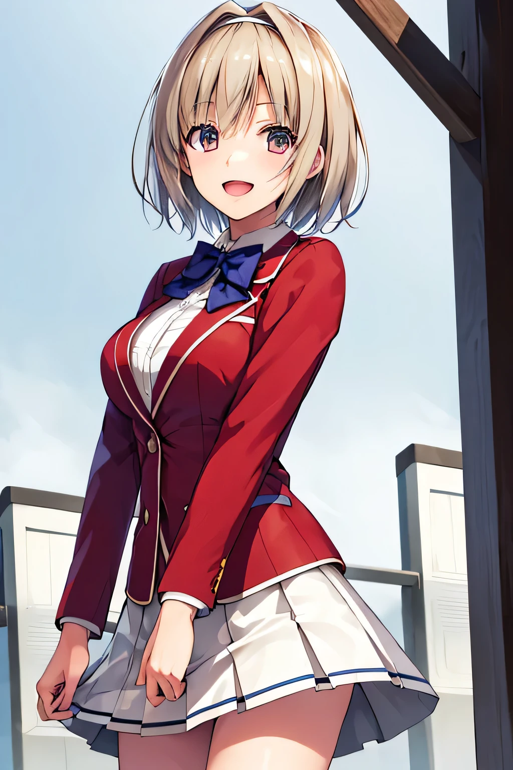 masterpiece, Highest quality, High resolution, Akio, short hair, Hair Intake, White hair band, Blue bow tie, Collared shirt, blazer, Red jacket, Long sleeve, White Skirt, Pleated skirt, Black socks, Cowboy Shot, Are standing, Outdoor, straight, Place your arms at your sides, smile, Open your mouth,