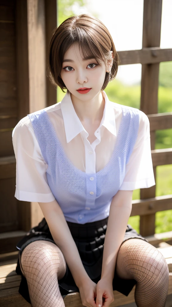 Korean 、summer  shirt、Tight shirt、Ribbon Ties、skirt by the、schools、stairs at school、chest lifting pose、Emphasis on the chest、Slender and large、8K raw photos、A high resolution、18-year-old Korean、embarrassing looking、very large round breasts、Beautiful eyes finely detailed、long eyelasher、beautiful double eyelid、eye shadows、eyeline、slender eyes、Elongated eye shape、Sanpaku eyes、beautiful and thin legs、Beautiful slender thighs、Random Shorthair、Tie your hair behind your head、耳Nipple Ring、Light brown hair、(Wear pantyhose)、Hold your knees, fishnet stocking 