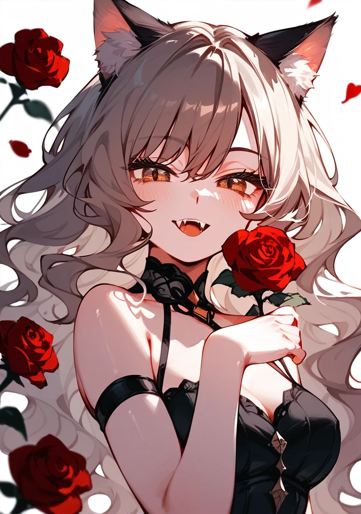 Half body, girl,  A pretty woman, long black wavy hair, Brown eyes, sexy clothes, cat ears and tail, fangs, surrounded by roses, sexy pose