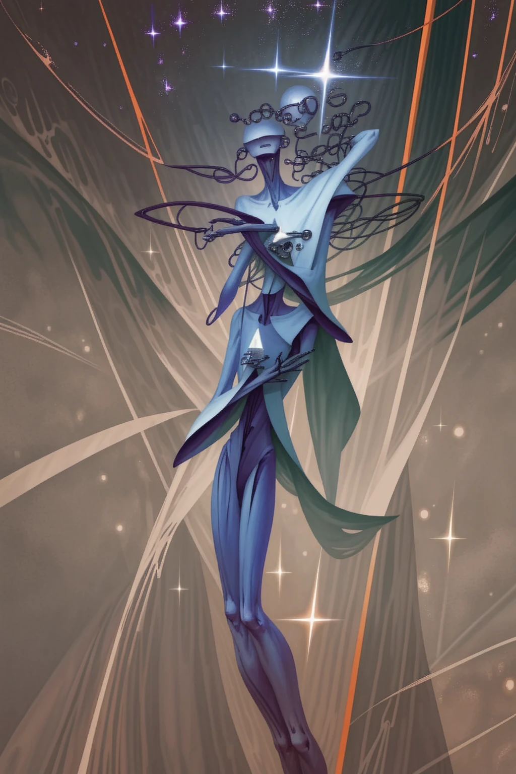 A powerful humanoid figure, a towering faceless entity in a perfect white void, doesn't have a humanoid face, an alien of incredible scale, galactic purple skin, 6 slits across the face pouring with stardust, very long limbs, strange hands with 2 thumbs and 2 fingers on each side, pearly white piercings lining up symmetrical across its abdomen, pearly white and alien jewelry hanging off the sides of its head, bipedal and has two lanky arms, very ethereal form, very prominent (upside-down triangle) mask with 6 slits pouring stardust, large prism shaped head,