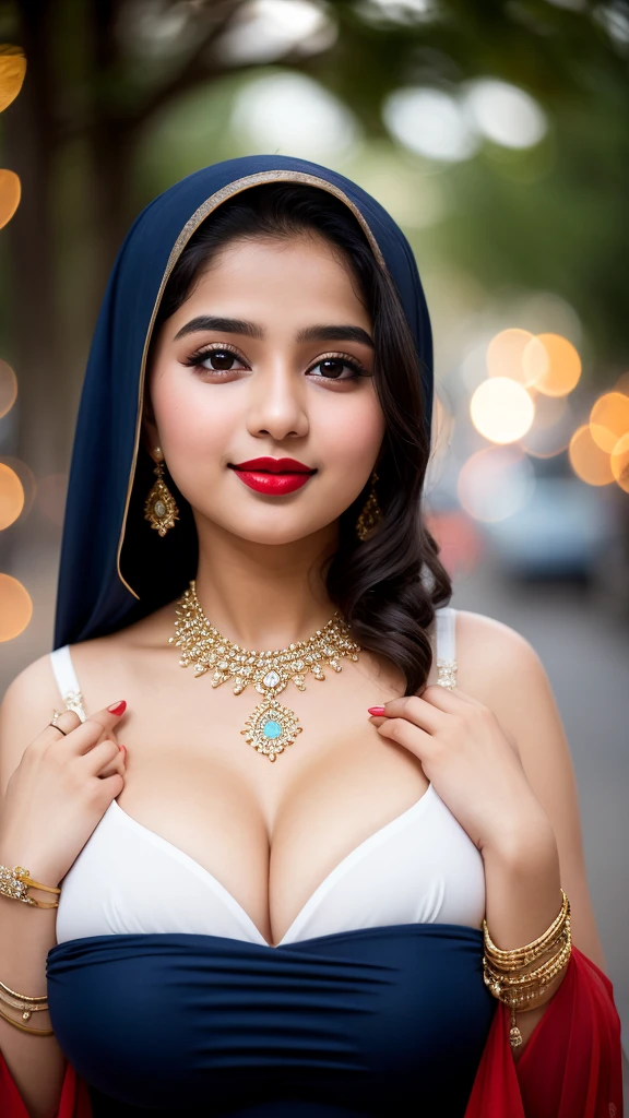 Beautiful, cute baby Face, 16 Years old Pakistani Girl, red lipstick, sensual Lipstick, dark red lipstick,blue eyes, (wearing hijab) and sexy kebaya dress, Rounded big Breast, cleavage cutout, slightly Chubby , luxury necklace, White Skin, Smiling, Dark City Background, mid shot, upper body, Perfect Potrait, Bokeh Effect, Look at Viewer, Armpit, Perfect Eye, Perfect Hand, Perfect Finger, Bracelet, Ring, big breast with bra, ((adorable:1.2)), ((masterpiece:1.1)), ((bokeh:1.2)),
