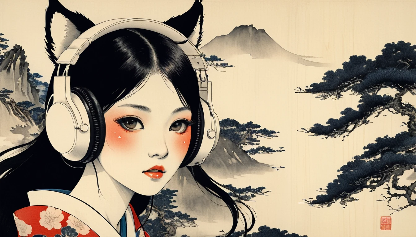 Cover your face with a fox mask, Highest quality, Katsushika Hokusai, Ink Painting, (((1 girl))), Japanese style headphones, beautiful girl, Black Hair, Delicate and precise, Modern ukiyo-e style, Darkness