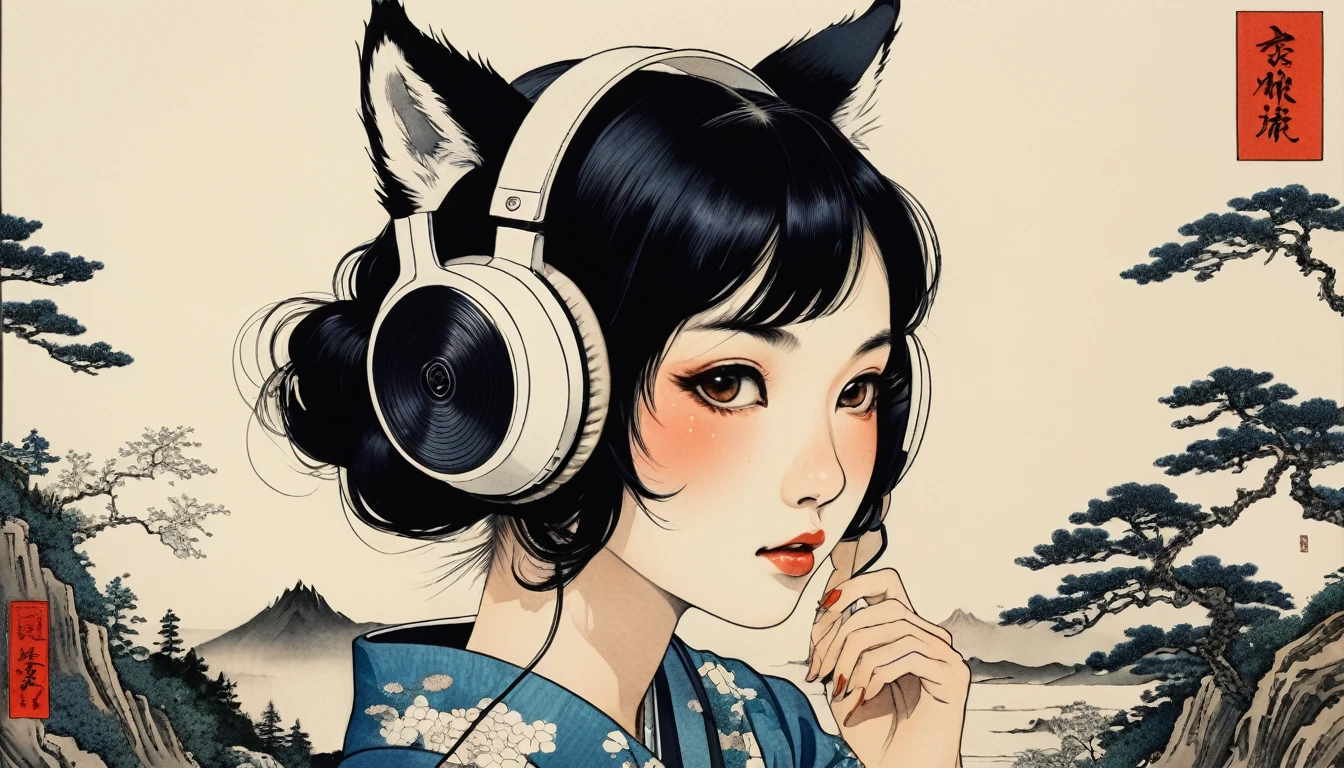 Cover your face with a fox mask, Highest quality, Katsushika Hokusai, Ink Painting, (((1 girl))), Japanese style headphones, beautiful girl, Black Hair, Delicate and precise, Modern ukiyo-e style, Darkness