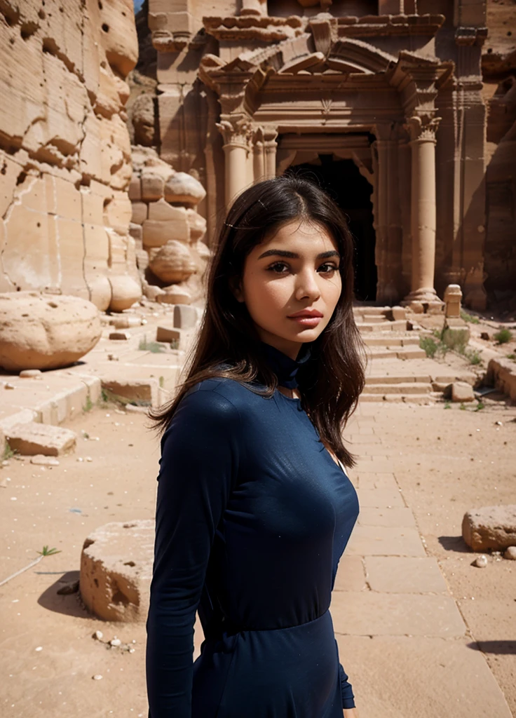 femme arafée dans une robe bleue debout sur un escalier en pierre, Arab girl in the ruins of Petra, Portrait clair de Demi Rose, ruins of Petra behind her, cinematic goddess photo, gorgeous woman, beautiful goddess, demi rose, drapé dans un tissu transparent, beautiful woman, Mia Khalifa, photo du corps d&#39;a goddess cinématographique, superb giant photo of&#39;a goddess
