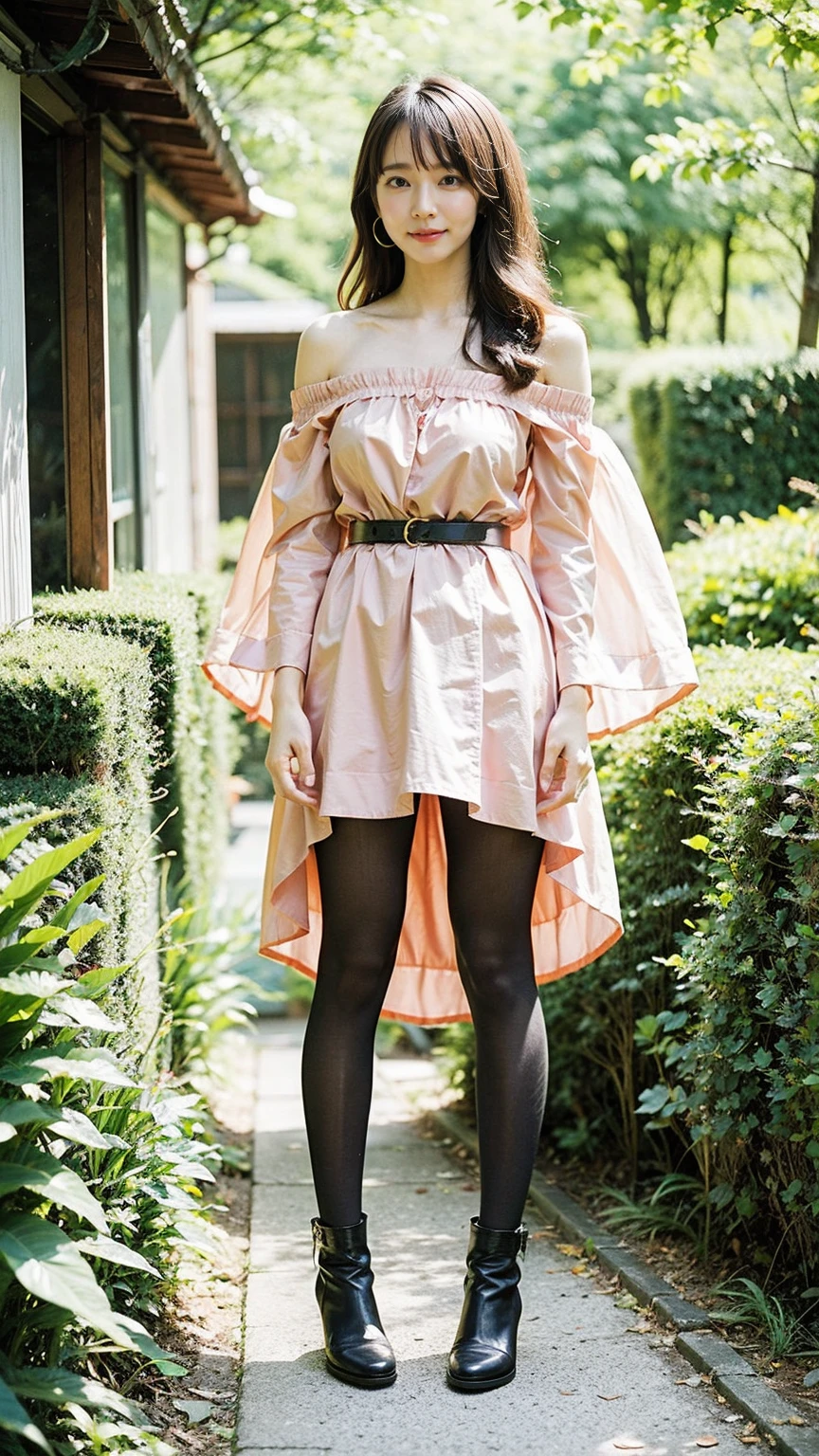 (8K、RAW Photos、Highest quality、masterpiece:1.2)、(Realistic、Realistic)、1 Girl、((Long dress、Off the shoulder、ribbon、See-through、smile、Black and Pink、Thin legs、whole body、boots、tights、garden、View from the front、Looking into the camera、belt、Stand with hands on hips))、cute