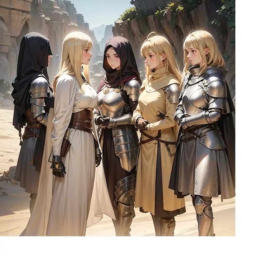 A group of female knights in the middle of the desert, women, white skin, blond hair, three women, light armor, cloaks,