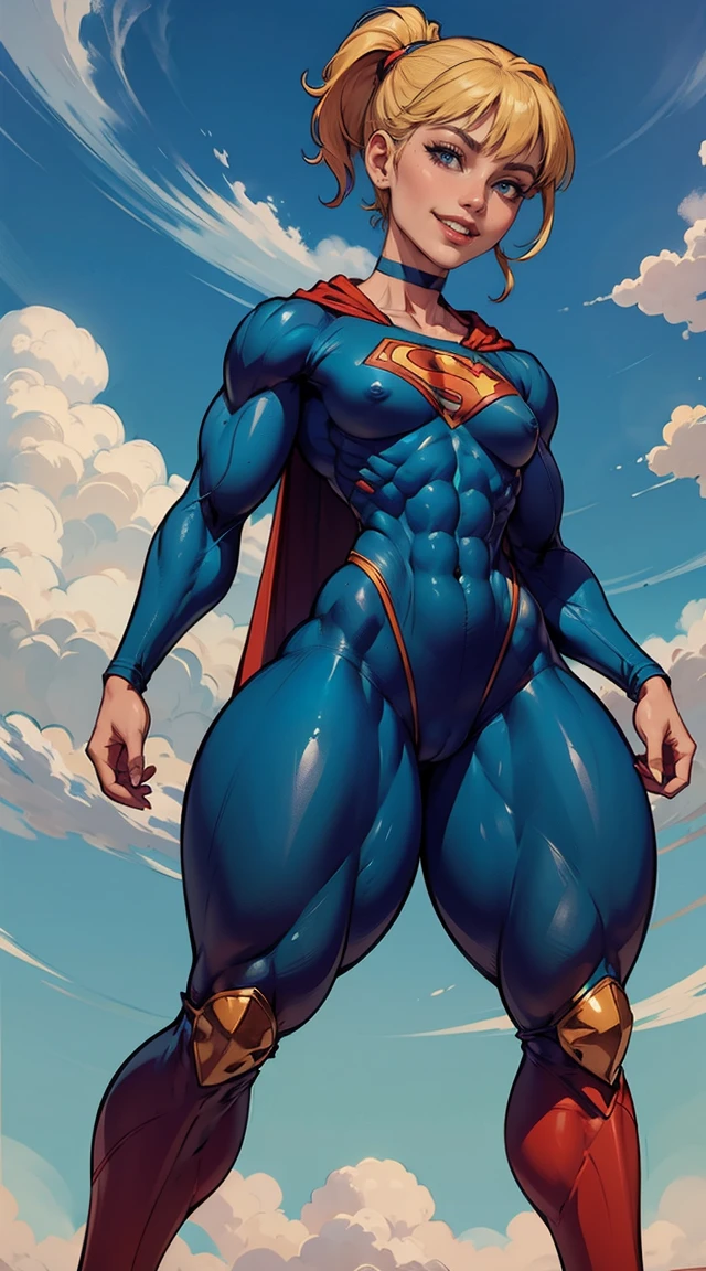 (Muscular:2), (thick thighs:2),
blonde female, (supergirl), (big smile:1.7), (blunt bangs), (ponytail:0.9),
earrings, lipstick, eyeshadow,
hard nipples, (small breasts:2),
(full body suit, blue bodysuit:1.6), (small cape:1.4), (choker:1.2),
looking at viewer, turned around, from behind, (upper body view:2.1),
(sky and clouds background:1.3), rim lighting, two tone lighting, dim lighting, bokeh, detailed skin, detailed eyes