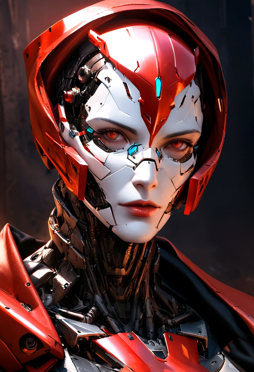 Sharpened man in black and red metallic armor with hood, detailed portrait of a cyborg, close-up portrait of cyborg, portrait of a futuristic robot, male cyborg military commander, attractive science fiction face, masculine appearance, portrait of cyborg, portrait of a cyborg, cyborg portrait, portrait of a cyborg cyberpunk, male cyborg, in metallic red futuristic armor, olpntng style, Portrait of the gynoid robot Samus in Wasteland, perfect composition, beautiful detailed intricate insanely detailed octane render Tendências no ArtStation, 8k art photography, photorrealistic concept art, soft natural volumetric cinematic perfect light, Bright dark, rewarded photography, work of art, oil on canvas, perfect composition, beautiful detailed intricate insanely detailed octane render Tendências no ArtStation, 8k art photography, photorrealistic concept art, soft natural volumetric cinematic perfect light, darkness background