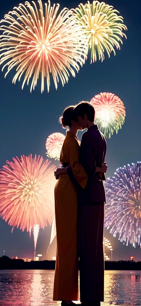 An impressive fireworks display with a couple in yukata standing with their backs to each other