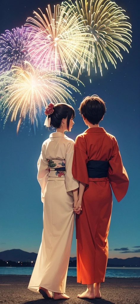 An impressive fireworks display with a couple in yukata standing with their backs to each other