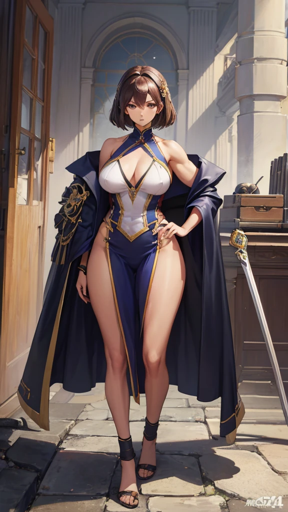 (masterpiece, 4K ,Super detailed:1.2), (anime:1), (Perfect quality), The whole body is shown, View Viewer, Has a big sword, Brown Hair, Muscular female warrior, short hair, Muscular and ultra violent women, Powerfully々And, epic magician girl character, RPG concept art character