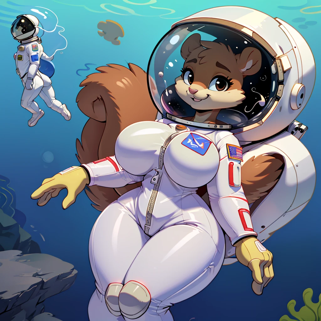 (masterpiece), ((perfect anatomy)), (high Res), (4k), squirrel, huge breast, wide hips, (((astronaut suit))), underwater, happy, (cute artstyle), (((solo))), narrow waist, black eyes, bimbo