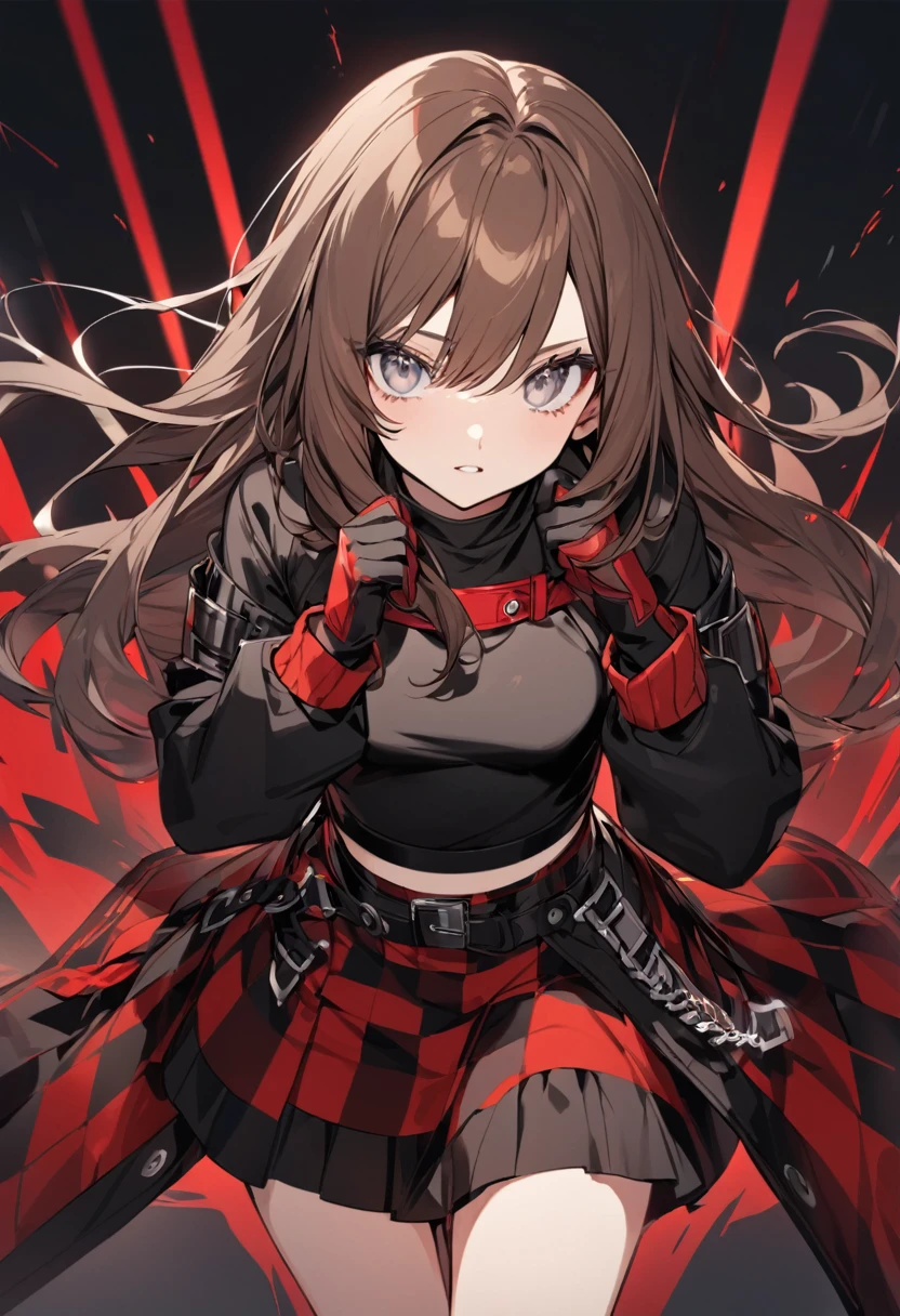 Long brown haired girl with grey eyes wears black tube top with long sleeves gloves and dark red checkered skirt.
