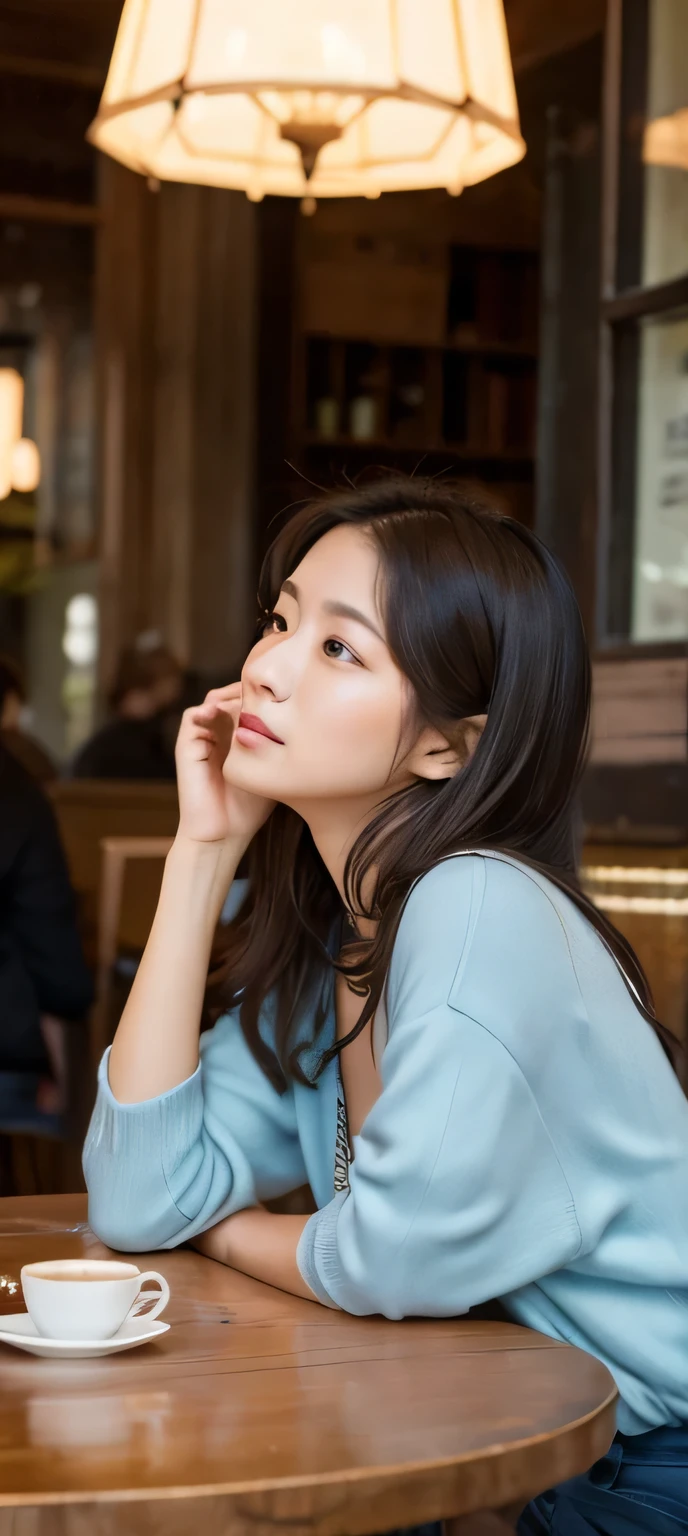 Beautiful woman lost in thought in a quiet cafe