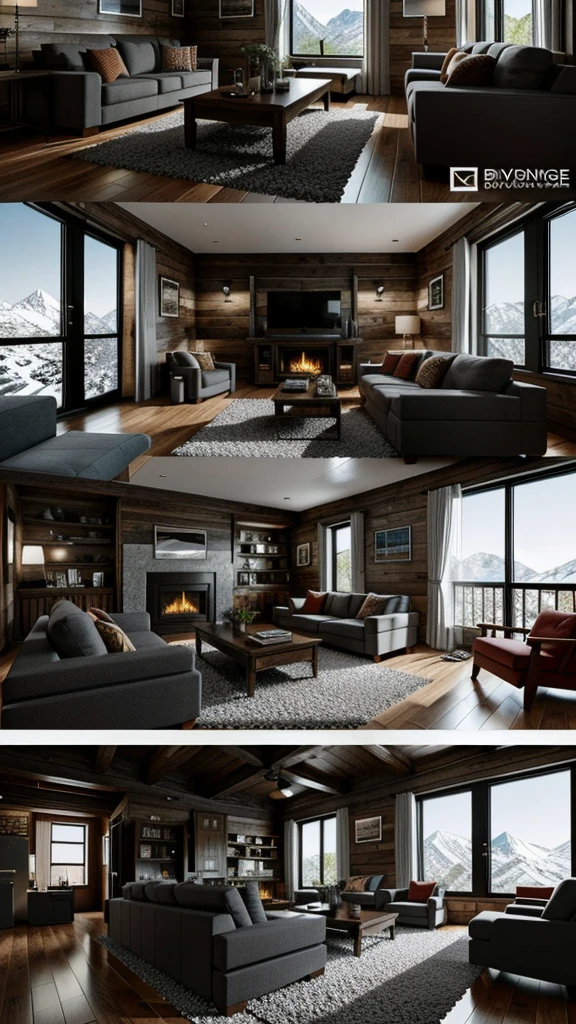 Around fifty view of living room with sofa and coffee table, Living room atmosphere, Warm living room, Warm interior, Vast cinematic scenery, 8k Very detailed ❤🔥 🔥 💀 🤖 🚀, Highly realistic Unreal Engine, Cozy living room, Pleasant atmosphere, 8k highly detailed ❤️🔥 🔥 💀 🤖 🚀, in a cabin, Detailed view