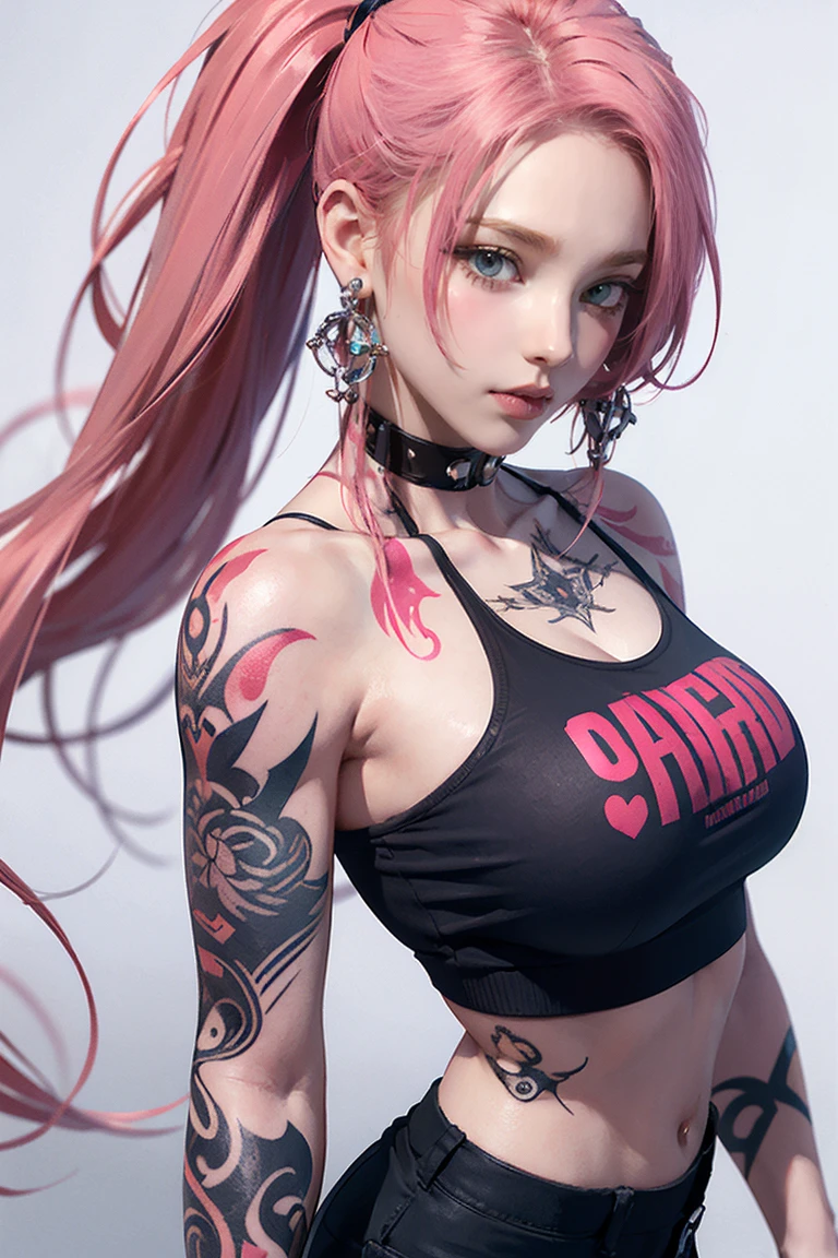 Pink Hair, Perfect Style, Beautiful Face, Highly detailed face and skin texture, (Maximum resolution: 1.2), 1 female, alone, Hip Up, jewelry, (((She has many tattoos all over her body)), Streetwear, I&#39;Exercising at the gym, Pink Hair, Shorts, Sports boots, (((Tight waist))), ((Big Breasts))