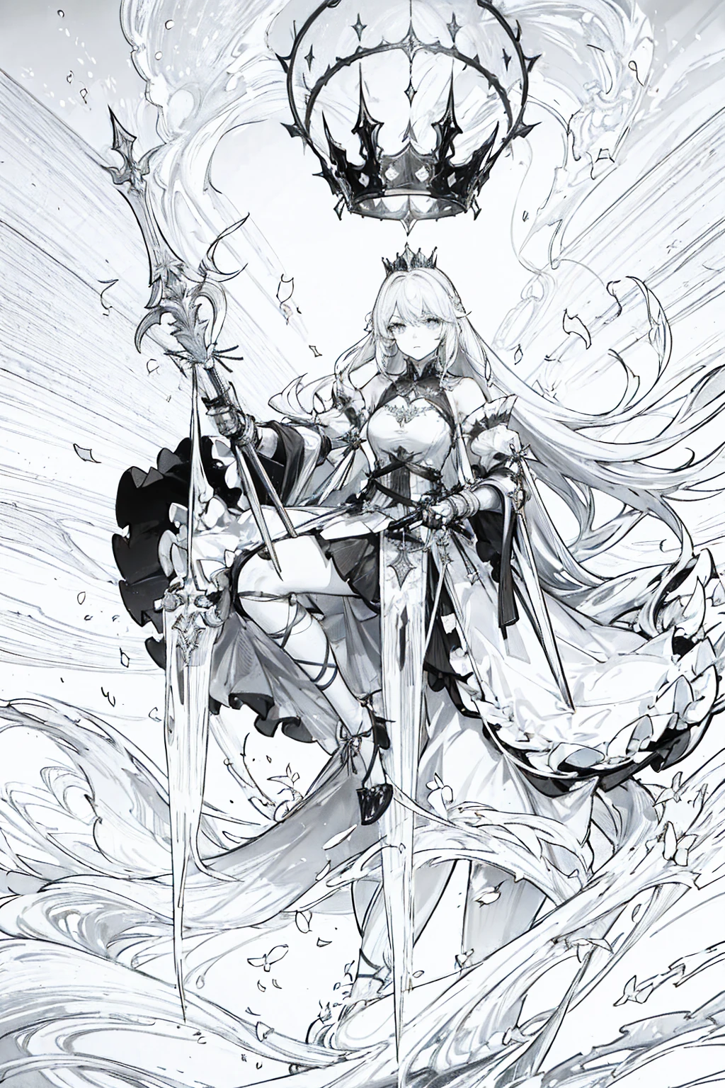 (masterpiece), hres, high quality, 4k, unity render, 1girl, solo, lineart, (monochrome:1.2), intrincate detailed,Proud white long hair,Thorny Crown,Holding a knight's spear,Dirty clothing,