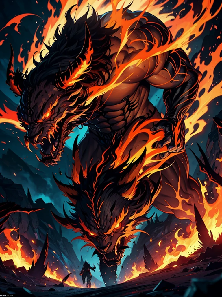 "Imagine a powerful male demon inspired by Final Fantasy's Ifrit. He has a muscular and imposing figure, with dark, fiery red skin. Sharp, menacing horns emerge from his head, and his eyes glow an intense yellow color. Its mouth is full of sharp, jagged teeth. Its body is adorned with tribal markings and scars, adding to its intimidating presence. Its hair is long and wild, resembling flames that cascade down its back. is enveloped in an aura of fire and heat. In the background, a dark volcanic scene with flowing lava and burning embers in the air."