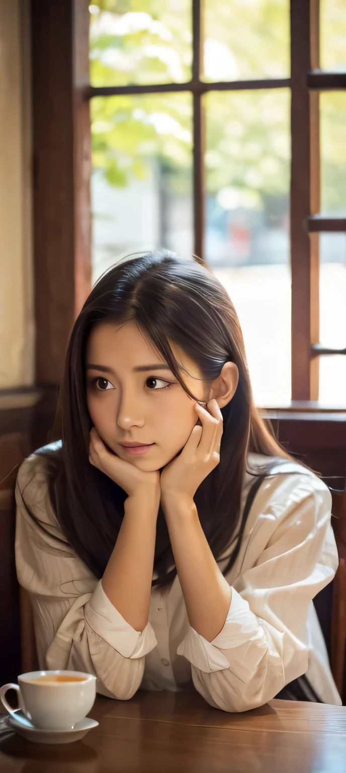 Beautiful woman lost in thought in a quiet cafe
