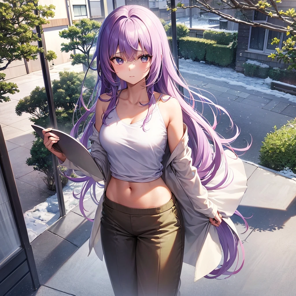 You will be able to create anime images of an 18-year-old girl, she is standing in her room near the window on the second floor of a beige house with a wooden floor in the city of Japan, a yard with trees is reflected in the windows. the surroundings covered with snow in the surroundings during the day with many clouds (Side shot). She measures 169 cm and her measurements are B 45, W 30 and H 80; He has short and wavy shappire-purple hair, his eyes are admiral blue, he has a lugubrious expression when he says something while he has his hand on the tray, he wears a thin lilac coat, a white v-neck t-shirt with shorts-sleeved, green jogger pants with lilac edges and white tennis shoes.