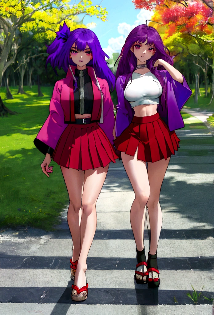 (masterpiece, best quality, ultra detailed, absurdres)1.5, 1girl, (beautiful women, perfect face, perfect eyes, perfect female body, huge breast)1.5, (purple hairl, long hair, brown pantiehose, pleated skirt, jacket, kimono style, shirt tucked in, red skirt, black crop top,), (standing in the Park)