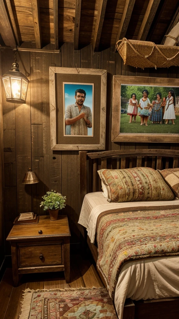 Image Prompt 2:**
- **Description:** A rustic bedroom in a village home, adorned with handmade quilts and a small wooden nightstand. On the nightstand, there's a framed photograph of Rahul and Geeta, smiling together at a local festival.