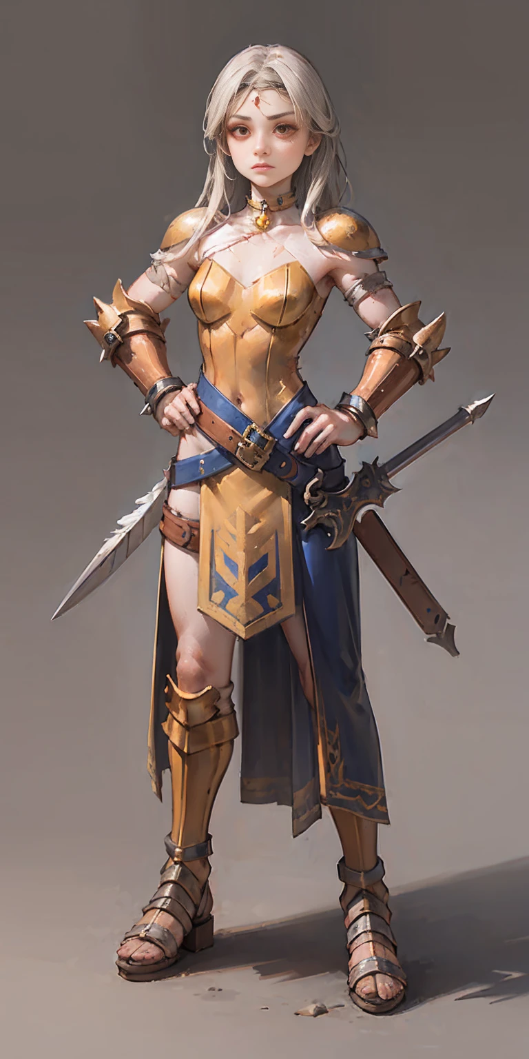 Subject:
1 Solo Female Gladiator
Pose:
Full body, whole body
Standing tall, hands on hips (conveying confidence)
Feet together, conveying a strong stance
View from slightly below, emphasizing her power
Clothing and Armor:
Loincloth (detailed and well-crafted, showcasing her warrior status)
Metal sandals, sturdy and battle-worn
Leather choker, adorned with a gladiator emblem or small spikes (optional)
Big belt, holding additional weapons or pouches (optional)
Bracers on forearms, for protection
Jewelry:
Tiara (can be simple and battle-ready, or adorned with feathers or gladiator symbols)
Additional Details:
Strong, defined muscles
Determined expression on her face
Optional: scars or other battle marks that tell a story of her victories