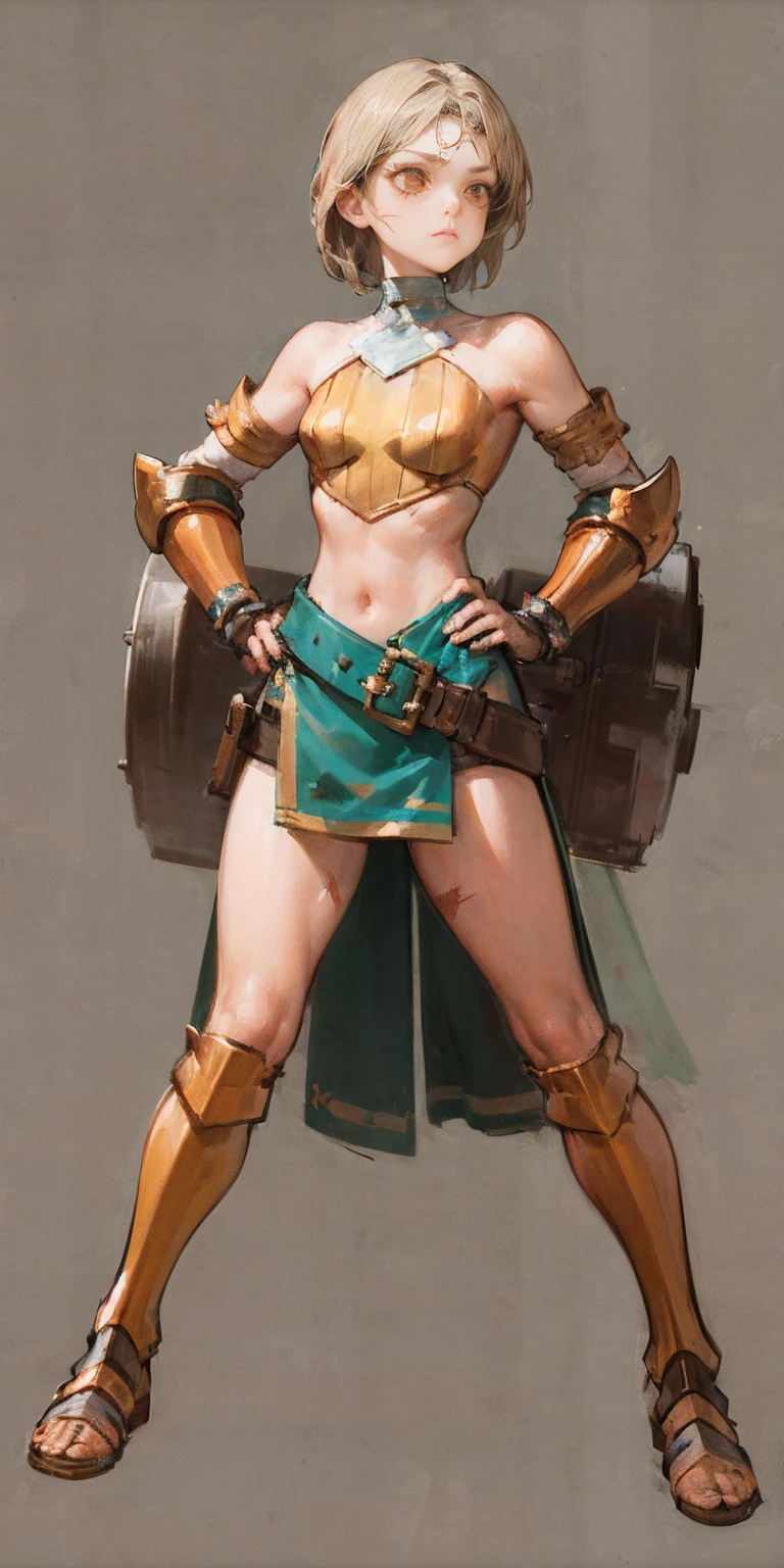 Subject:
1 Solo Female Gladiator
Pose:
Full body, whole body
Standing tall, hands on hips (conveying confidence)
Feet together, conveying a strong stance
View from slightly below, emphasizing her power
Clothing and Armor:
Loincloth (detailed and well-crafted, showcasing her warrior status)
Metal sandals, sturdy and battle-worn
Leather choker, adorned with a gladiator emblem or small spikes (optional)
Big belt, holding additional weapons or pouches (optional)
Bracers on forearms, for protection
Jewelry:
Tiara (can be simple and battle-ready, or adorned with feathers or gladiator symbols)
Additional Details:
Strong, defined muscles
Determined expression on her face
Optional: scars or other battle marks that tell a story of her victories