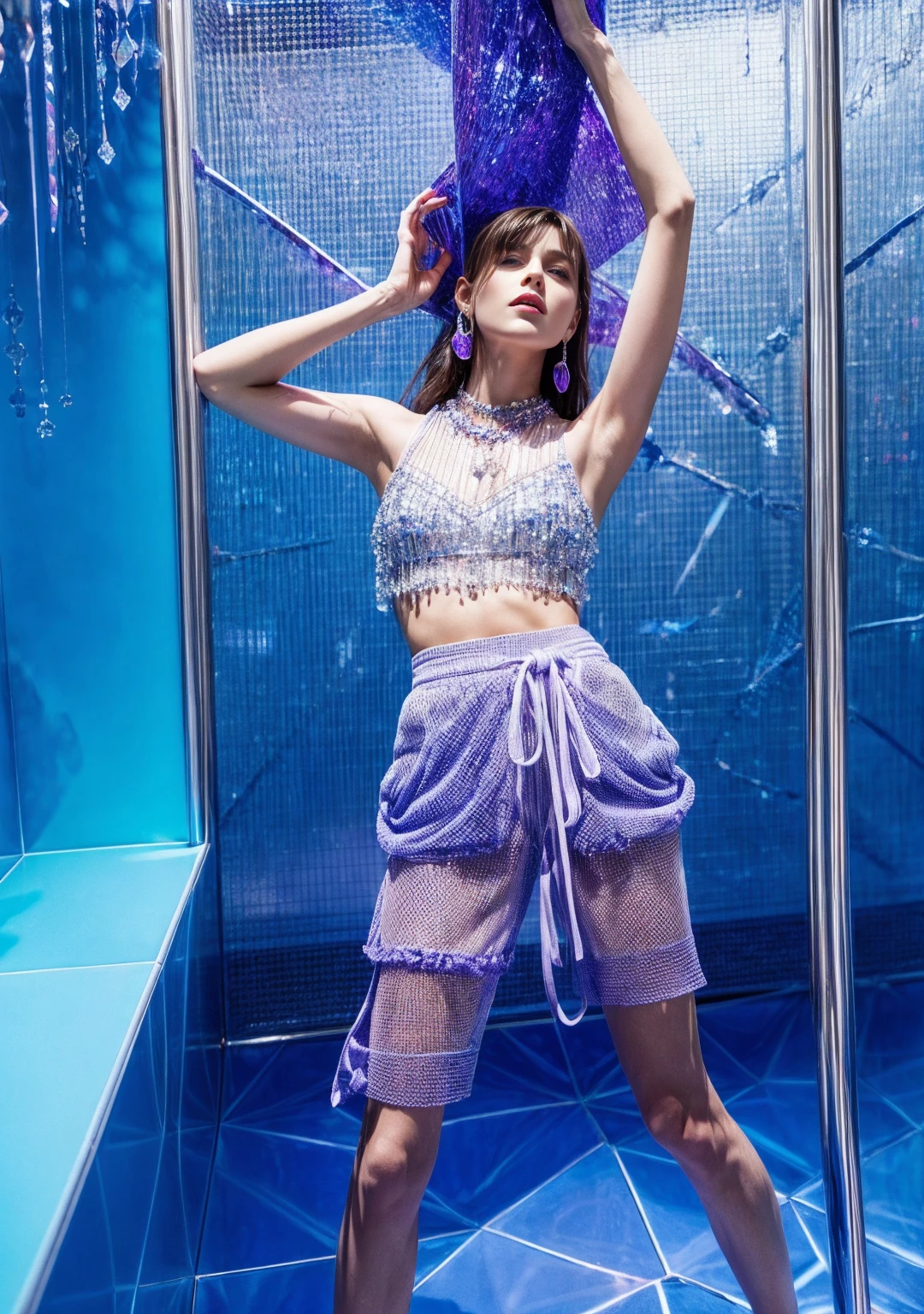 Sexual pose. a woman in lavender shorts posing on a blue floor, in the style of layered mesh, modern and contemporary fashion design, made of crystals, tomàs barceló, light purple and light indigo, deconstructed tailoring, bright luster --ar 85:128 --s 250, Sexual pose.