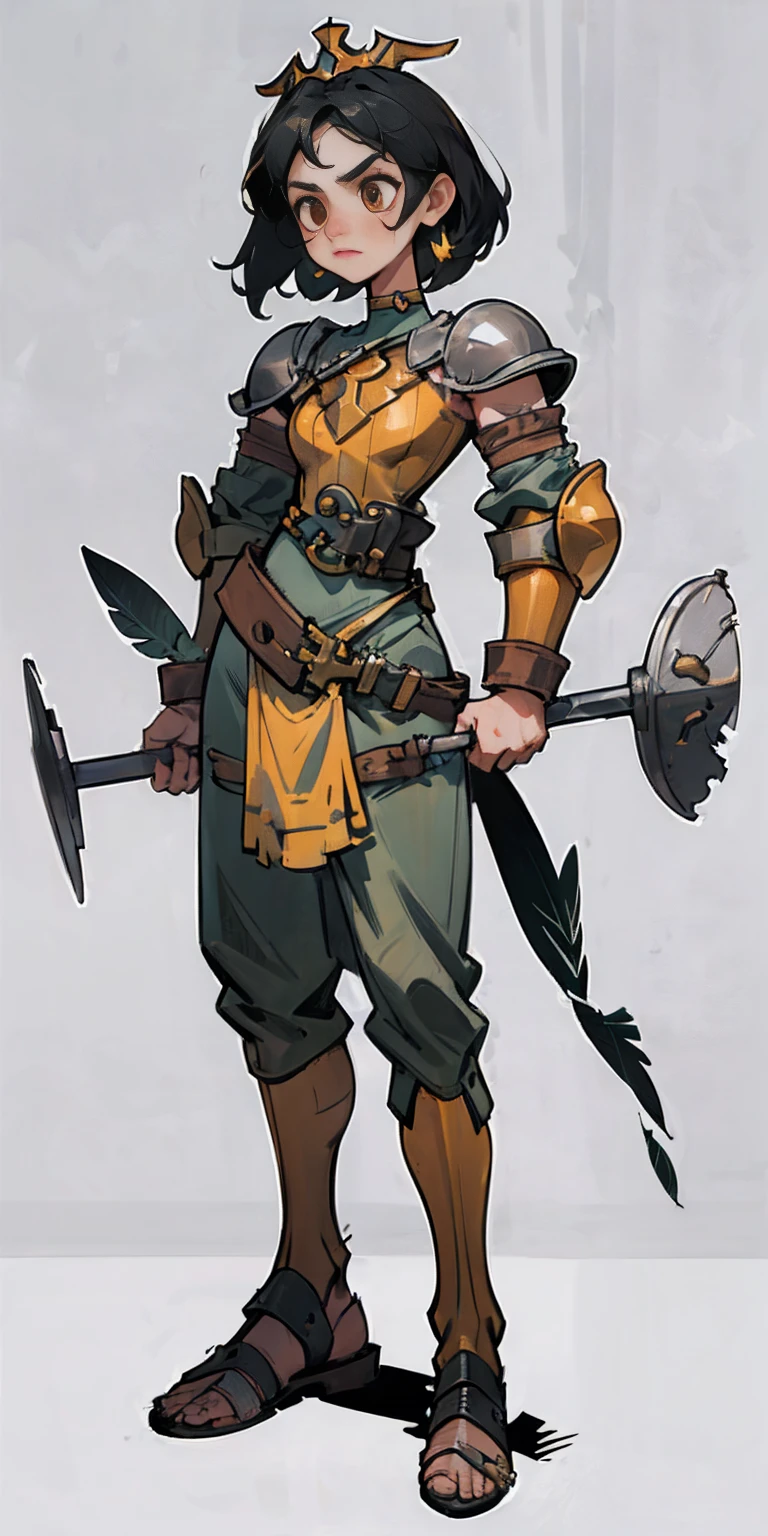 Subject:

1 Solo Female Gladiator
Pose:

Full body, whole body
Standing tall, hands on hips (conveying confidence)
Feet together, conveying a strong stance
View from slightly below, emphasizing her power
Clothing and Armor:

Loincloth (detailed and well-crafted, showcasing her warrior status)
Metal sandals, sturdy and battle-worn
Leather choker, adorned with a gladiator emblem or small spikes (optional)
Big belt, holding additional weapons or pouches (optional)
Bracers on forearms, for protection
Jewelry:

Tiara (can be simple and battle-ready, or adorned with feathers or gladiator symbols)
Additional Details:

Strong, defined muscles
Determined expression on her face
Optional: scars or other battle marks that tell a story of her victories